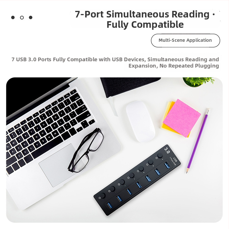 USB 3.0 7-portový hub s nezávislými prepínačmi – Model L80, 5 Gbps, Externé napájanie