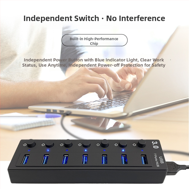 USB 3.0 7-portový hub s nezávislými prepínačmi – Model L80, 5 Gbps, Externé napájanie