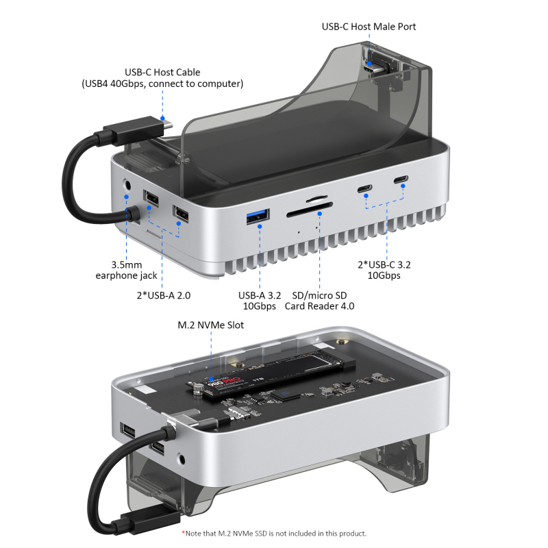 Mac mini M4 docking stanica a M.2 kryt na disk, stolové úložisko vo vertikálnej skrinke, 40 Gbps, model 61, bez externej napájania