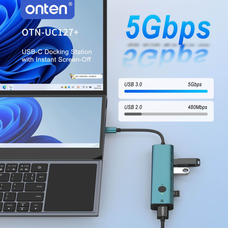 Onten UC127+ Type-C dockingová stanica s obrazovkou, 7-in-1 vysokorýchlostný USB hub, 5 Gbps, pre Apple Mac