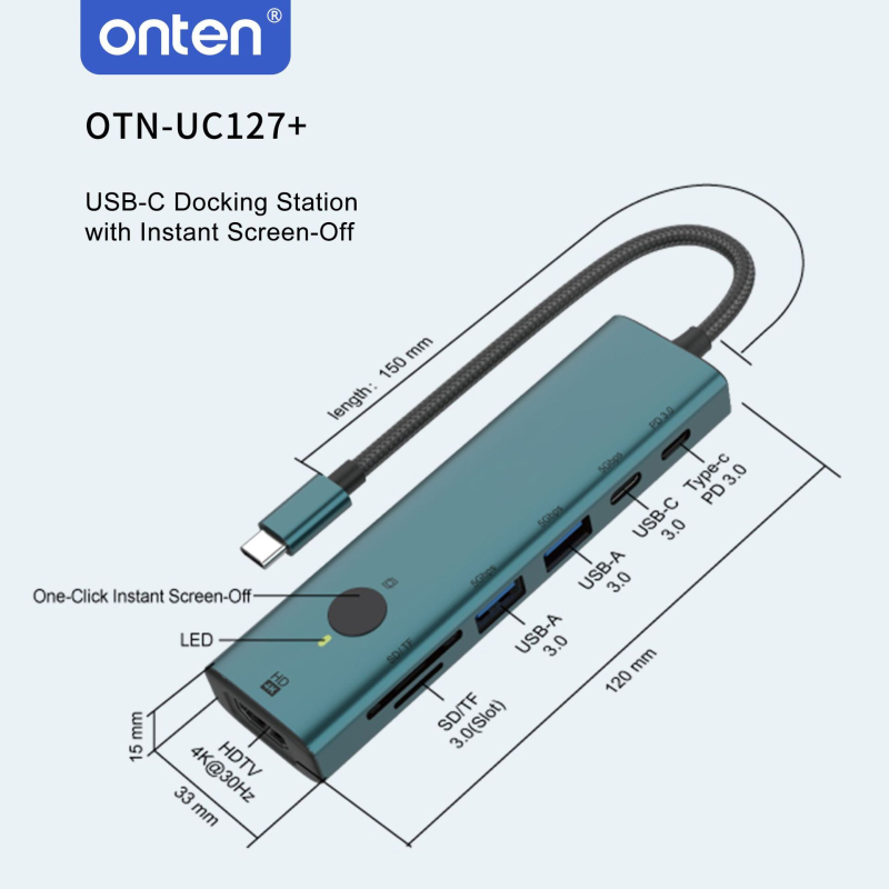 Onten UC127+ Type-C dockingová stanica s obrazovkou, 7-in-1 vysokorýchlostný USB hub, 5 Gbps, pre Apple Mac