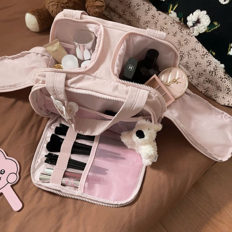 Kozmetikai táska kettős széles nyitással, bővíthető kapacitással, vízálló, száraz-nedves elválasztással, Oxford anyagból