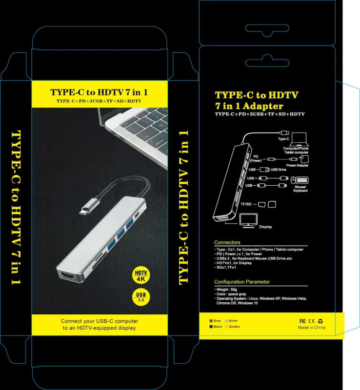 Type-C 7-in-1 dokkoló SD/TF olvasóval és USB 3.0 hubbal, 5 Gbps