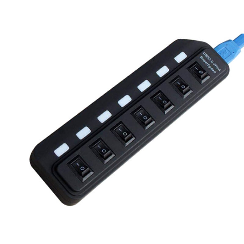 USB 3.0 hub bővítő 7 porttal, független kapcsolók és LED-es jelzőfények, külső tápegység