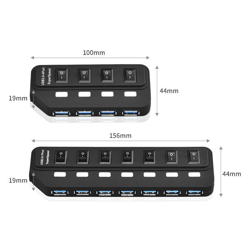 USB 3.0 hub bővítő 7 porttal, független kapcsolók és LED-es jelzőfények, külső tápegység