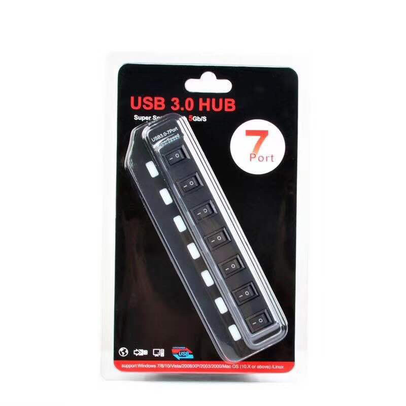 USB 3.0 hub bővítő 7 porttal, független kapcsolók és LED-es jelzőfények, külső tápegység