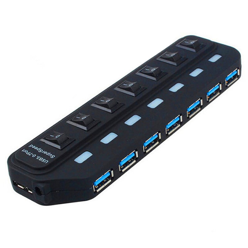 USB 3.0 hub bővítő 7 porttal, független kapcsolók és LED-es jelzőfények, külső tápegység