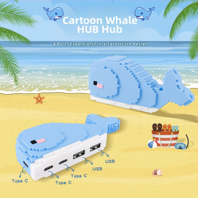 Whale USB 2.0 3-portový hub, stolová dekorácia, kábel 25 cm, napájanie cez USB