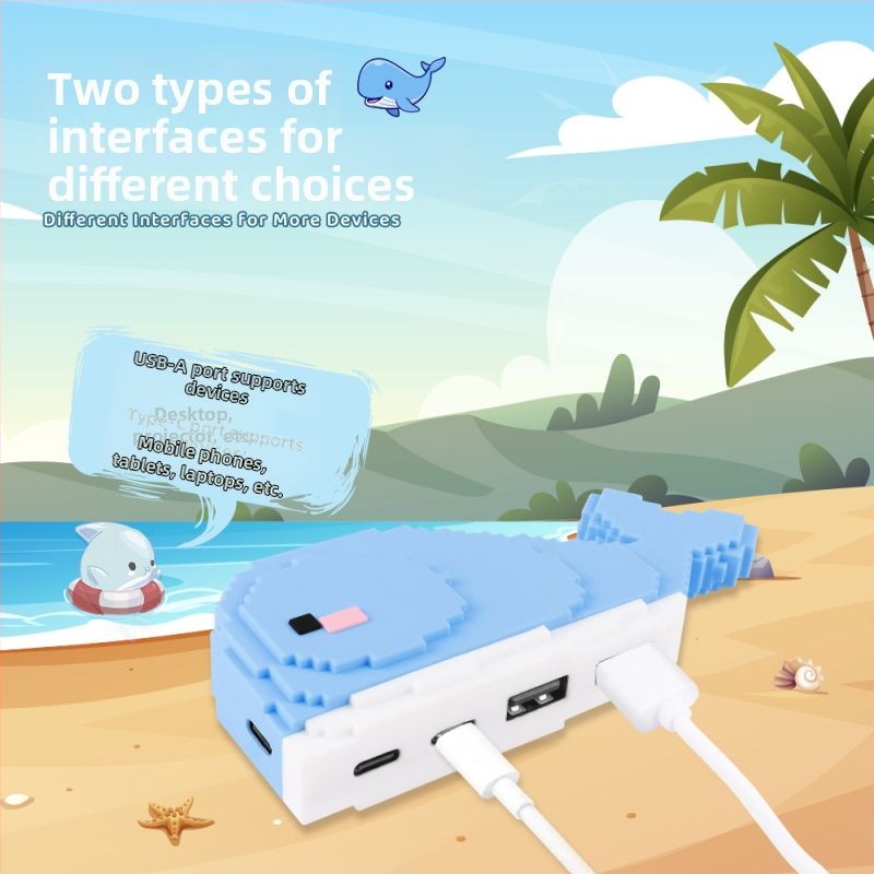 Whale USB 2.0 3-portový hub, stolová dekorácia, kábel 25 cm, napájanie cez USB