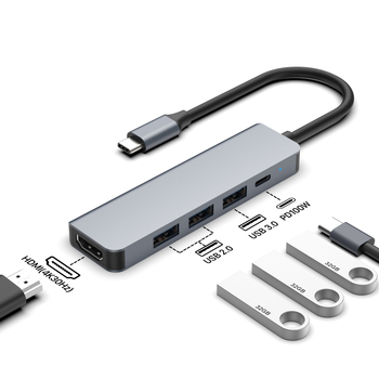 5-v-1 USB-C dok s HDMI, PD, USB 3.0 a USB 2.0 portami, hliníkové púzdro