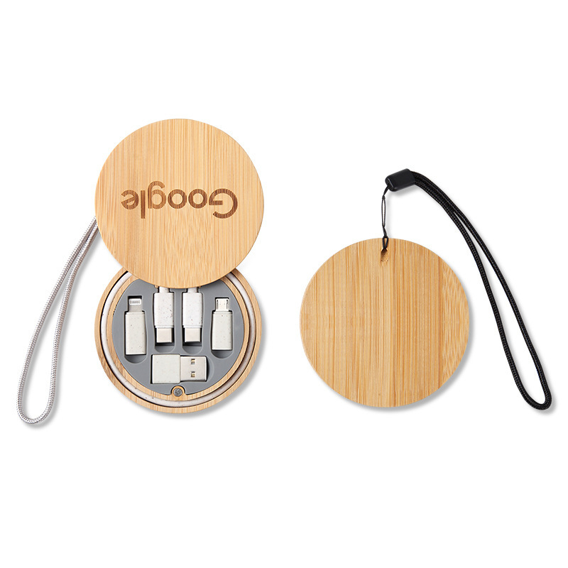 Okrugla kutija za putne kablove od bambusa i drveta s kabelom za brzo punjenje od 60W i višezglobnim kabelom (Lightning, USB-C, Micro USB), maks. izlaz 3A