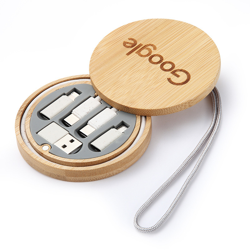 Okrugla kutija za putne kablove od bambusa i drveta s kabelom za brzo punjenje od 60W i višezglobnim kabelom (Lightning, USB-C, Micro USB), maks. izlaz 3A