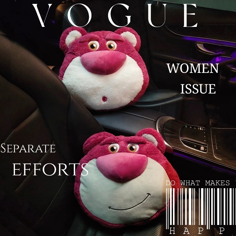 Auto vankúš na opierku hlavy s motívom jahodový medvedík, vonkajší materiál umelý plyš, výplň syntetické vlákno, karikatúrny štýl