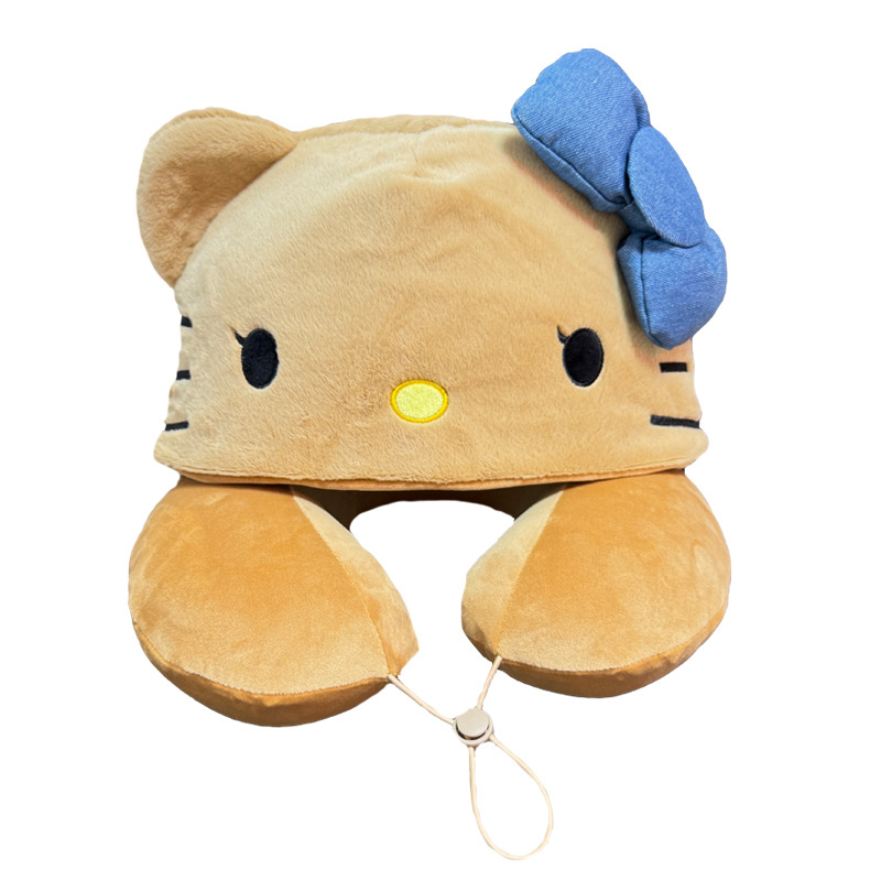 У-образна пътуваща възглавница за шията с качулка — карикатурна котка, паметна пяна, кристален велур, лека под 0,5 кг