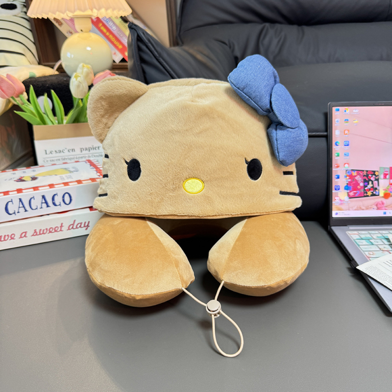 У-образна пътуваща възглавница за шията с качулка — карикатурна котка, паметна пяна, кристален велур, лека под 0,5 кг