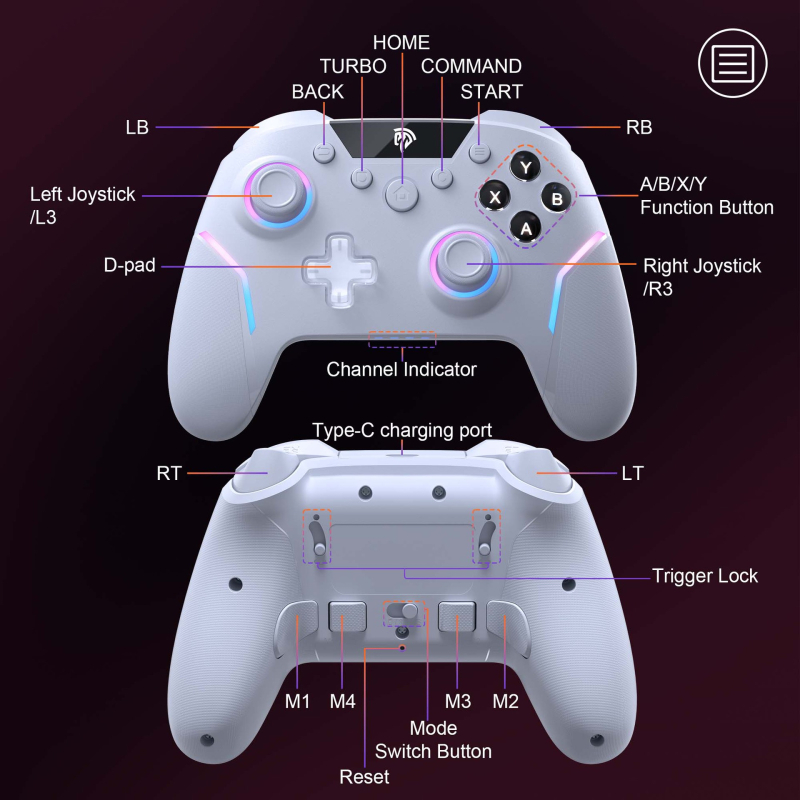 Bežični gamepad X20 s USB sučeljem, RGB osvjetljenjem, 4 programabilne stražnje tipke, kompatibilan s Nintendo Switch, PC, iOS, Android i Steamom