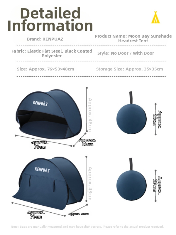 Portatyvinė paplūdimio palapinė - vieno sluoksnio, lengvas surinkimas, saulės apsauga ir vėjo apsauga; svoris 0,2 kg; plieno vielos rėmas; atsparumas vandeniui 1000–1500 mm