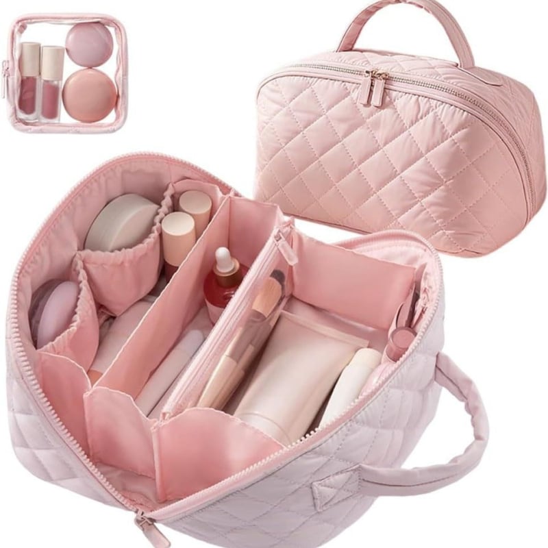 Dvojitý set tašiek na kozmetiku a cestovnú tašku, prešívaný dizajn, polyester, károvaný vzor, podšívka polyester, zips, vodotesný, prenosný, veľká kapacita