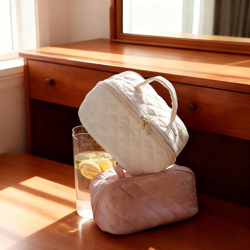 Dvojitý set tašiek na kozmetiku a cestovnú tašku, prešívaný dizajn, polyester, károvaný vzor, podšívka polyester, zips, vodotesný, prenosný, veľká kapacita