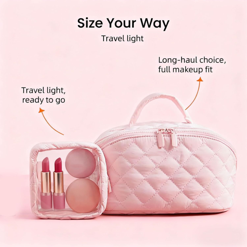 Dvojitý set tašiek na kozmetiku a cestovnú tašku, prešívaný dizajn, polyester, károvaný vzor, podšívka polyester, zips, vodotesný, prenosný, veľká kapacita