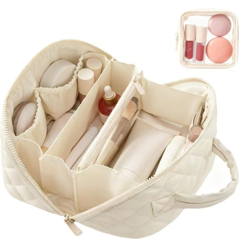 Dvojitý set tašiek na kozmetiku a cestovnú tašku, prešívaný dizajn, polyester, károvaný vzor, podšívka polyester, zips, vodotesný, prenosný, veľká kapacita