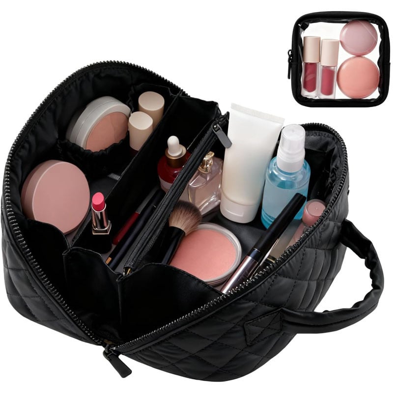 Dvojitý set tašiek na kozmetiku a cestovnú tašku, prešívaný dizajn, polyester, károvaný vzor, podšívka polyester, zips, vodotesný, prenosný, veľká kapacita