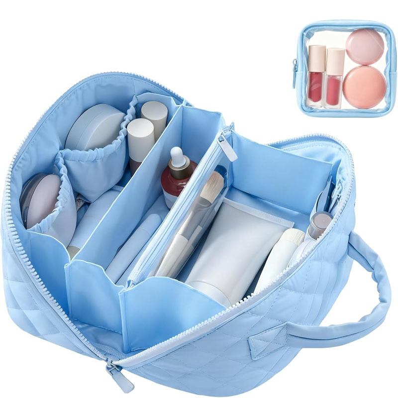 Dvojitý set tašiek na kozmetiku a cestovnú tašku, prešívaný dizajn, polyester, károvaný vzor, podšívka polyester, zips, vodotesný, prenosný, veľká kapacita