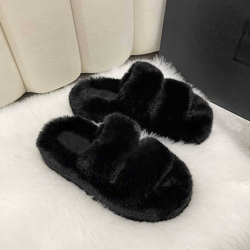 Γυναικείες παντόφλες PU με σταυρωτά λουράκια, επένδυση από μικροϊνες, σόλα καουτσούκ, παχιά σόλα για αύξηση ύψους, φθινοπωρινή περίοδος 2024