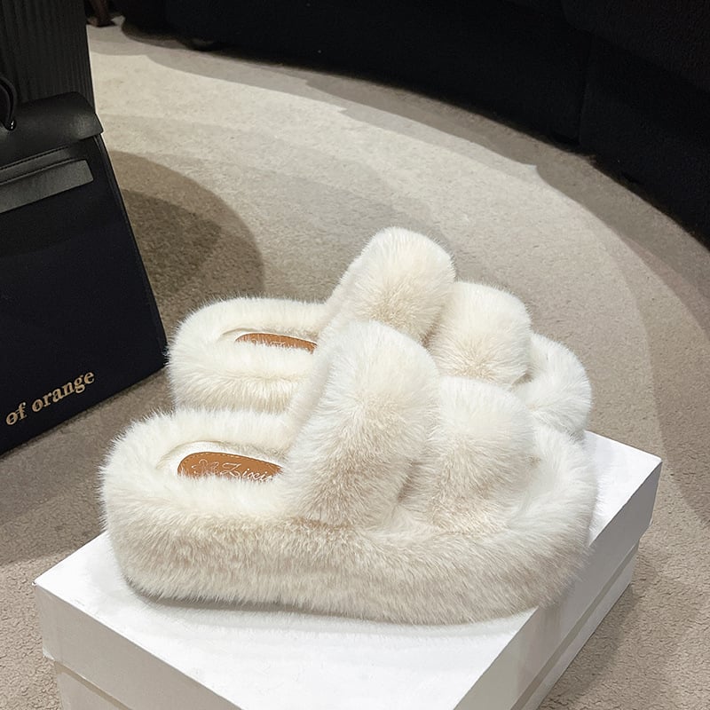 Γυναικείες παντόφλες PU με σταυρωτά λουράκια, επένδυση από μικροϊνες, σόλα καουτσούκ, παχιά σόλα για αύξηση ύψους, φθινοπωρινή περίοδος 2024