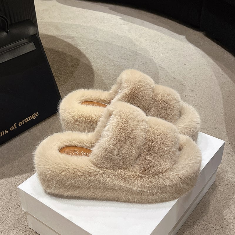 Γυναικείες παντόφλες PU με σταυρωτά λουράκια, επένδυση από μικροϊνες, σόλα καουτσούκ, παχιά σόλα για αύξηση ύψους, φθινοπωρινή περίοδος 2024