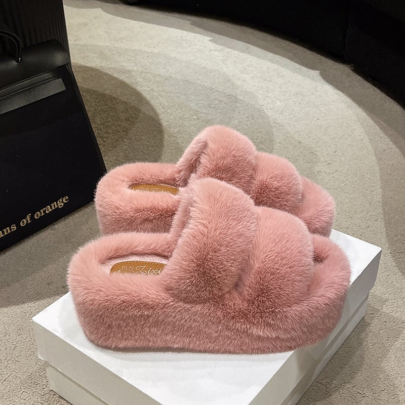 Γυναικείες παντόφλες PU με σταυρωτά λουράκια, επένδυση από μικροϊνες, σόλα καουτσούκ, παχιά σόλα για αύξηση ύψους, φθινοπωρινή περίοδος 2024