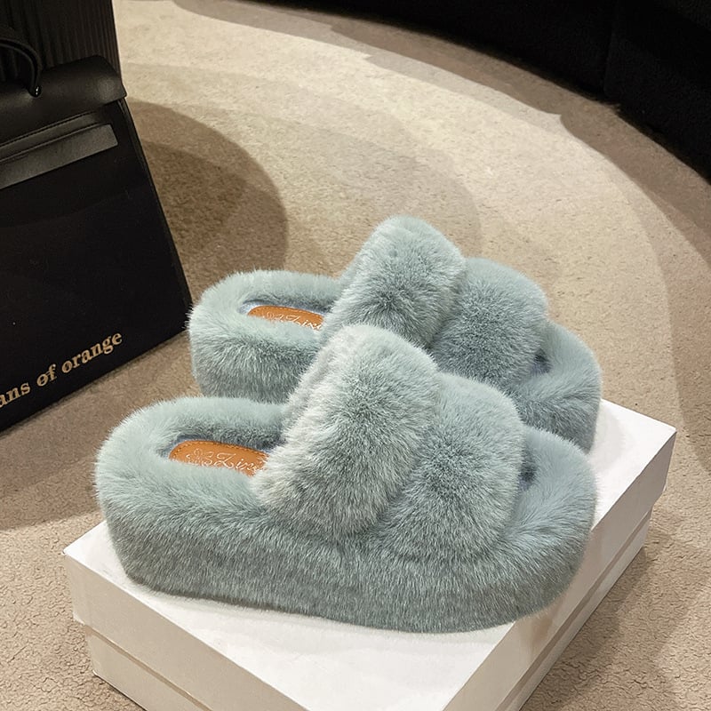 Γυναικείες παντόφλες PU με σταυρωτά λουράκια, επένδυση από μικροϊνες, σόλα καουτσούκ, παχιά σόλα για αύξηση ύψους, φθινοπωρινή περίοδος 2024