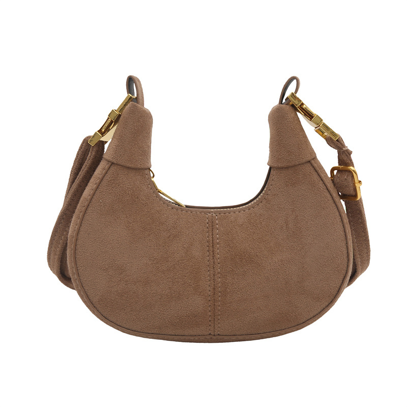 Taška cez rameno s reťazovým popruhom a tvarom mesiaca — vlnený materiál, zipsové zatváranie, vnútorná podšívka z nylonu, jeden ramenný popruh