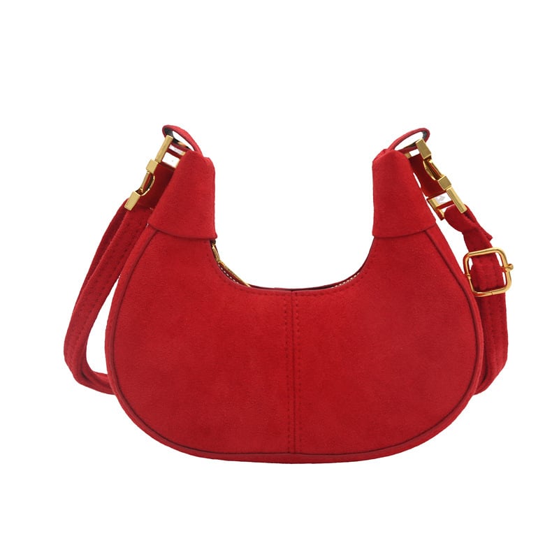 Taška cez rameno s reťazovým popruhom a tvarom mesiaca — vlnený materiál, zipsové zatváranie, vnútorná podšívka z nylonu, jeden ramenný popruh