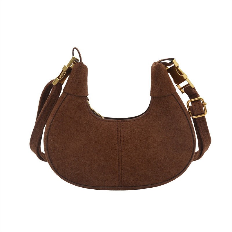 Taška cez rameno s reťazovým popruhom a tvarom mesiaca — vlnený materiál, zipsové zatváranie, vnútorná podšívka z nylonu, jeden ramenný popruh