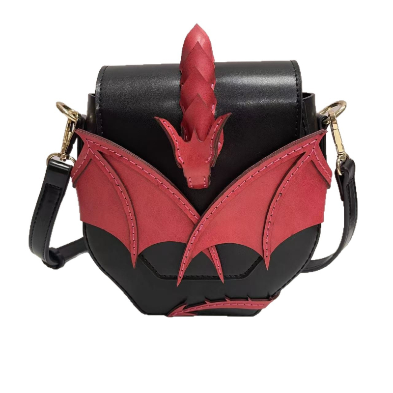 Geantă crossbody Dragon Wings din PU — formă rotundă, închidere cu clapă, stil urban