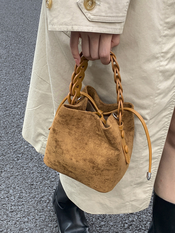 Geantă bucket PU de la Kaka's House, stil urban simplu, deschidere cu șnur, buzunar ascuns cu fermoar, căptușeală din poliester