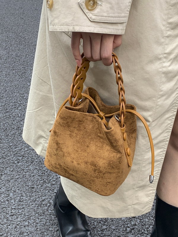 Geantă bucket PU de la Kaka's House, stil urban simplu, deschidere cu șnur, buzunar ascuns cu fermoar, căptușeală din poliester