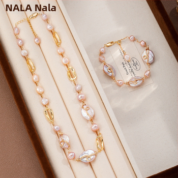 Set colier și brățară Nala din perle Baroque – lucrat manual, unisex, lanț cu cruce