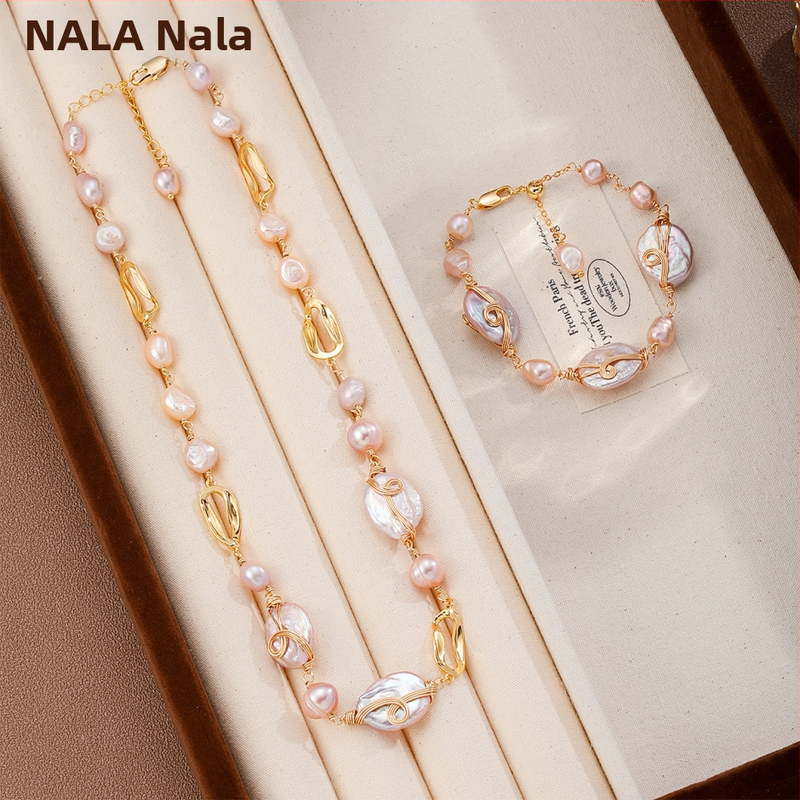 Set colier și brățară Nala din perle Baroque – lucrat manual, unisex, lanț cu cruce