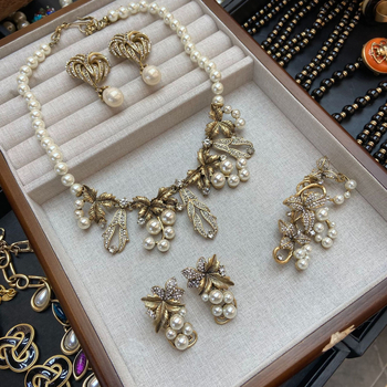 WRAN Set de bijuterii cu perle, din cupru placat electro, lanț clavicular, pandant perla, colier și cercei, stil retro literar, model stele/soare/lună/univers, primăvara 2025