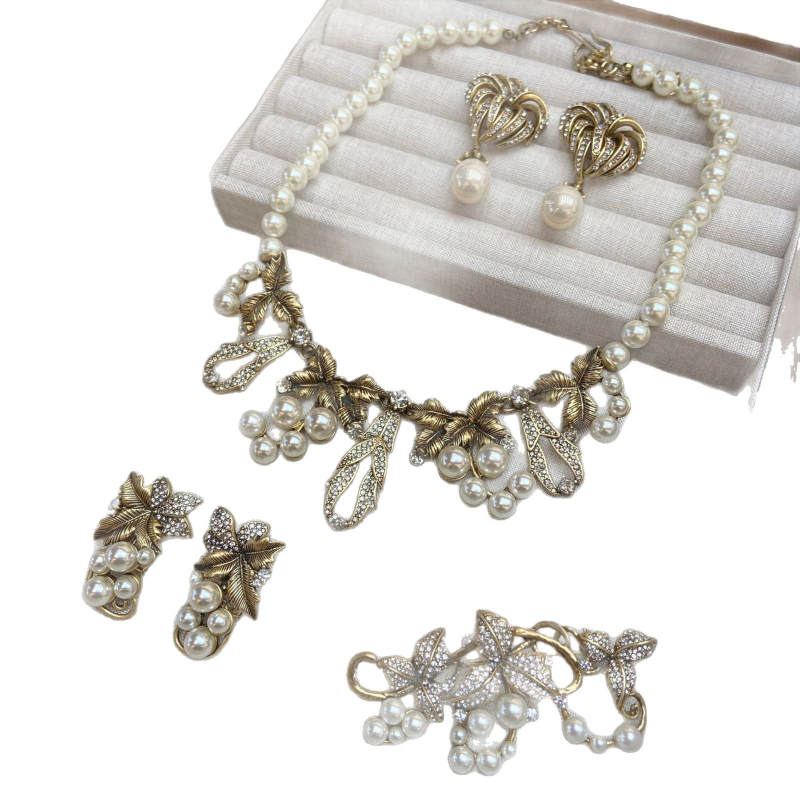 WRAN Set de bijuterii cu perle, din cupru placat electro, lanț clavicular, pandant perla, colier și cercei, stil retro literar, model stele/soare/lună/univers, primăvara 2025