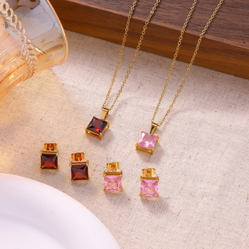 Set de bijuterii din oțel inoxidabil pentru femei — cercei cu moissanit și colier, lanț în formă de O, pandantiv pătrat din oțel titan, stil simplu