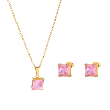 Set de bijuterii din oțel inoxidabil pentru femei — cercei cu moissanit și colier, lanț în formă de O, pandantiv pătrat din oțel titan, stil simplu