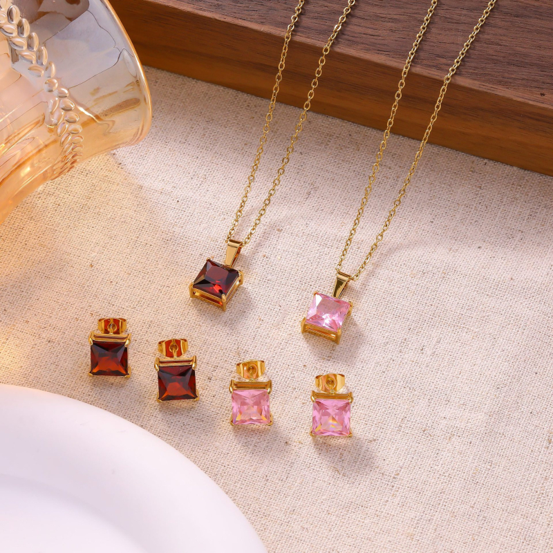 Set de bijuterii din oțel inoxidabil pentru femei — cercei cu moissanit și colier, lanț în formă de O, pandantiv pătrat din oțel titan, stil simplu