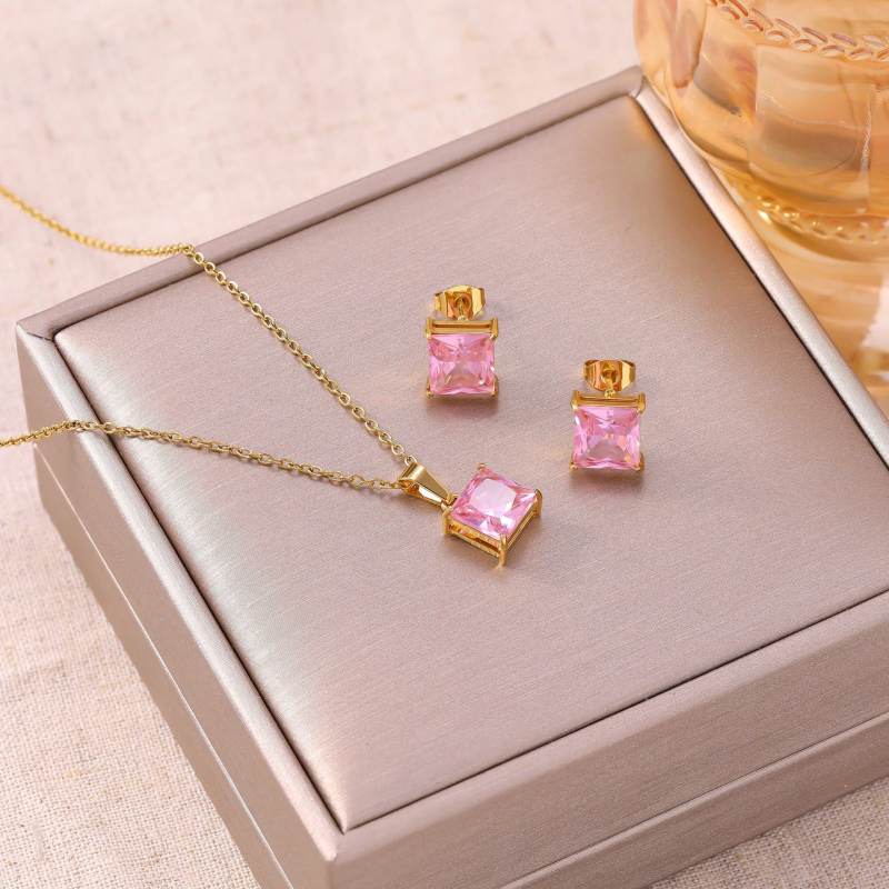 Set de bijuterii din oțel inoxidabil pentru femei — cercei cu moissanit și colier, lanț în formă de O, pandantiv pătrat din oțel titan, stil simplu