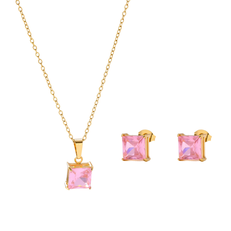 Set de bijuterii din oțel inoxidabil pentru femei — cercei cu moissanit și colier, lanț în formă de O, pandantiv pătrat din oțel titan, stil simplu