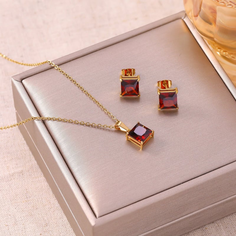 Set de bijuterii din oțel inoxidabil pentru femei — cercei cu moissanit și colier, lanț în formă de O, pandantiv pătrat din oțel titan, stil simplu