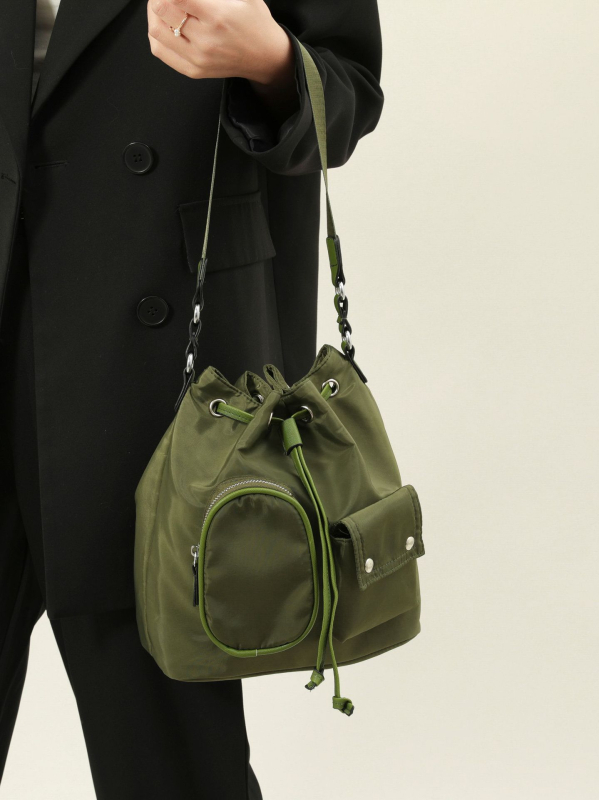 Geantă bucket cu design de nișă, nylon, stil street trend, deschidere cu bandă, buzunar pentru telefon, căptușeală din poliester