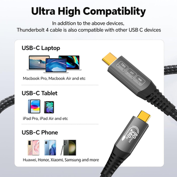 Thunderbolt 5 dátový kábel – Type-C video kábel, meď, dĺžka 0,5–2 m